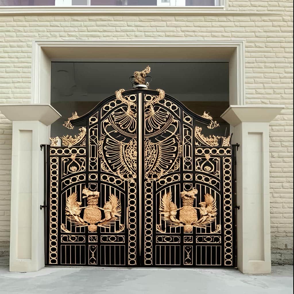 درب ویلایی سفید طلایی با قاب کلاسیک و گل نرده تزئینی